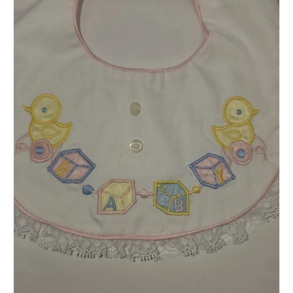 Vintage Baby Girl Bib Embroidered Ducks Blocks Button Closure 3-6 Months